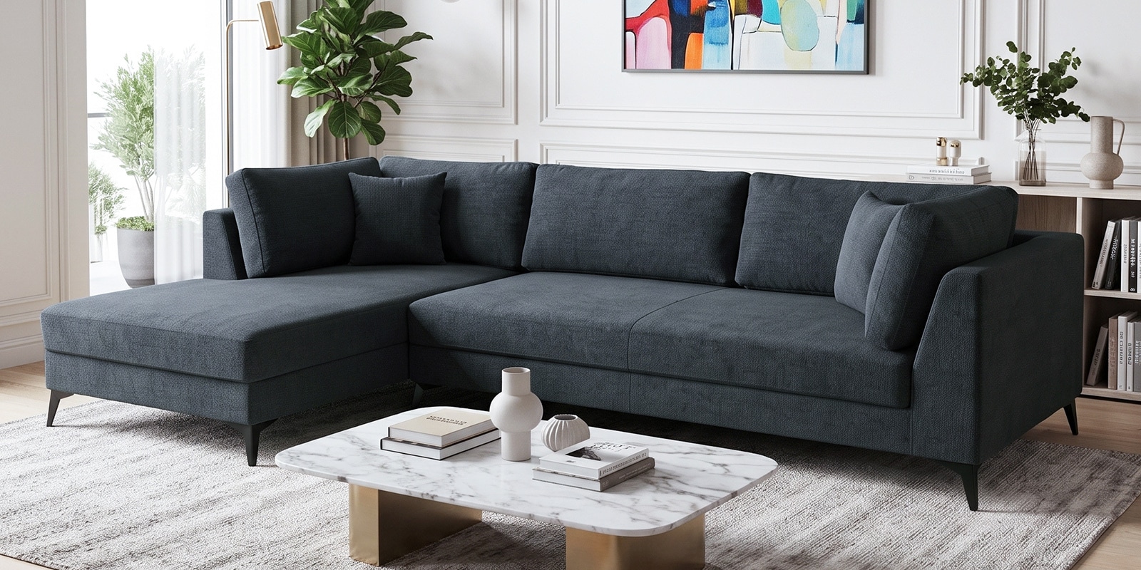Belita Fabric RHS Sectional Sofa (3 + Lounger) In Pebble Grey Colour Belita Fabric RHS Sectional Sofa (3 + Lounger) In Pebble Grey Colour