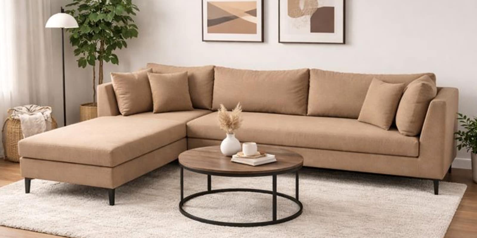 Belita Fabric RHS Sectional Sofa (3 + Lounger) In Sandy Brown Colour with Extra Pouffe