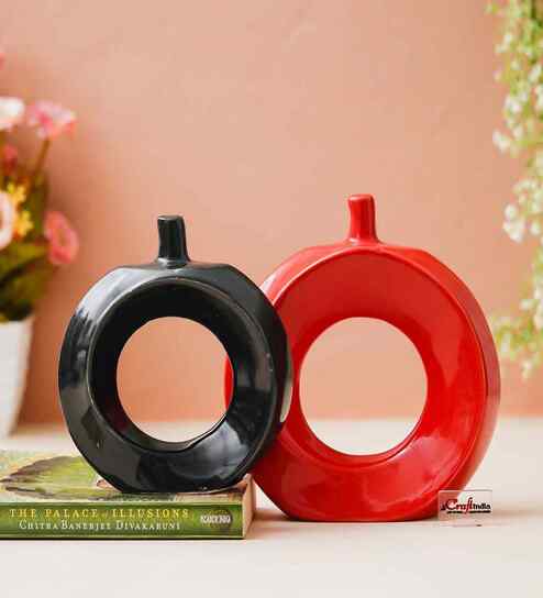 Set of 2 Red and Black Doughnut Shaped Vases 