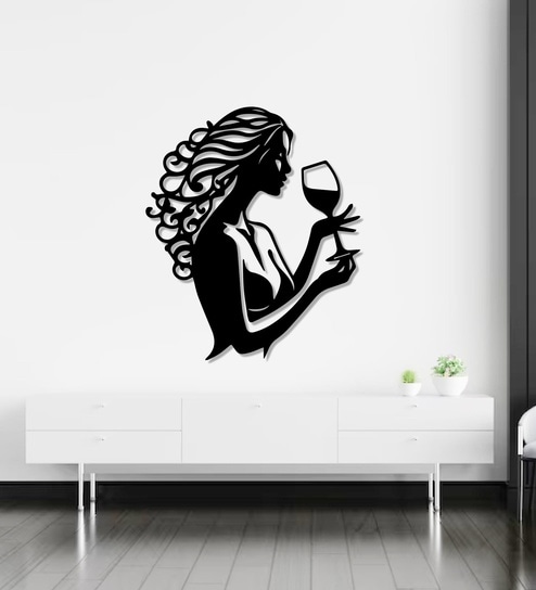 Beautiful Curly Hair Women With Wine Metal Wall Art Decor