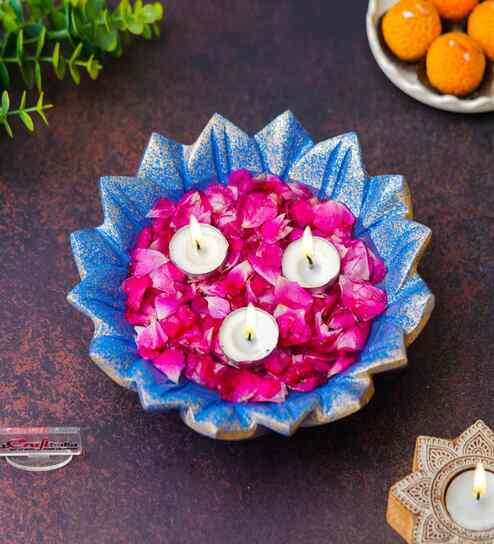 Beautiful Decorative Lotus Urli Bowl for Home Decor|Urli Set for Decoration Floating Flowers Tea Light Candle Holder|Diwali Decoration Items Gifts for Family and Friends