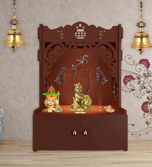 Brown Finish Beautiful Design of Shri Ganesh Floor Temple with Spacious Wooden Shelf & Inbuilt Focus Light
