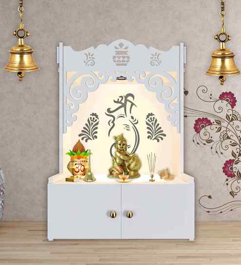 White Finish Beautiful Design of Shri Ganesh Floor Temple with Spacious Wooden Shelf & Inbuilt Focus Light