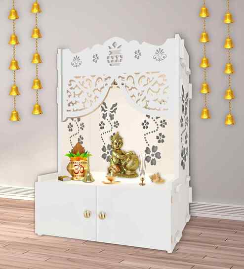 White Finish Beautiful Flower Design Pattern Floor Temple with Spacious Wooden Shelf & Inbuilt Focus Light-