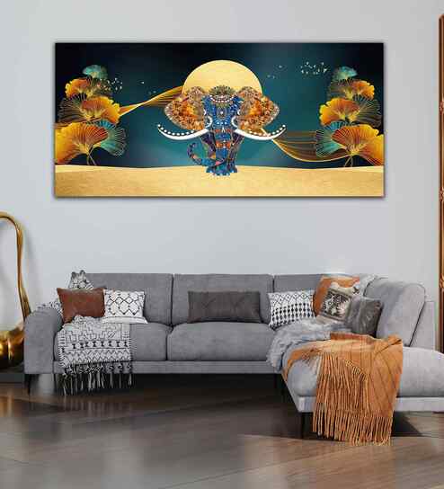 Beautiful Golden Flowers With Elephant Premium Canvas Wall Painting