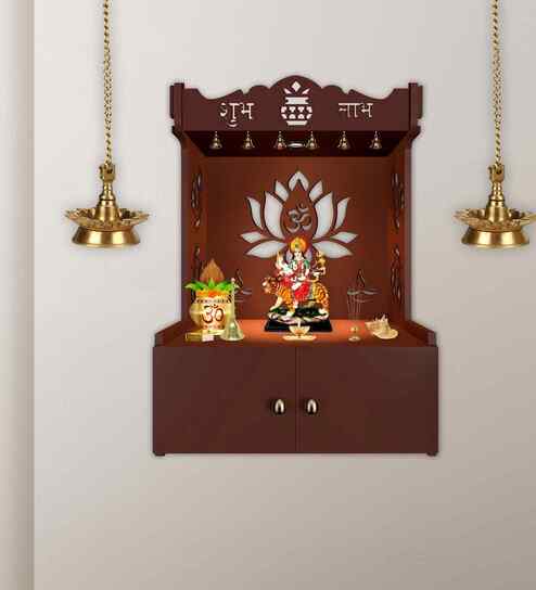 Beautiful Lotus Pattern Brown Wooden Wall Temple for Home With Inbuilt focus Lights & Spacious Shelf