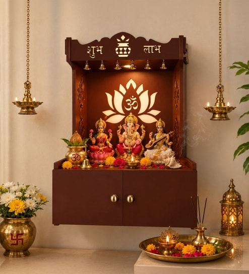 Beautiful Lotus Pattern Brown Wooden Wall Temple for Home With Inbuilt focus Lights & Spacious Shelf