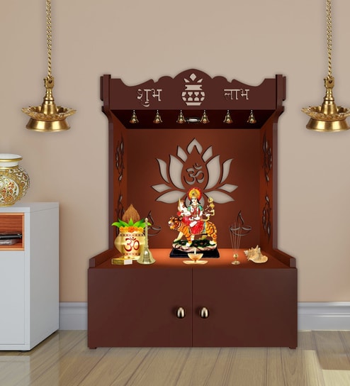 Brown Finish Beautiful Lotus Pattern Floor Temple with Spacious Wooden Shelf & Inbuilt Focus Light-