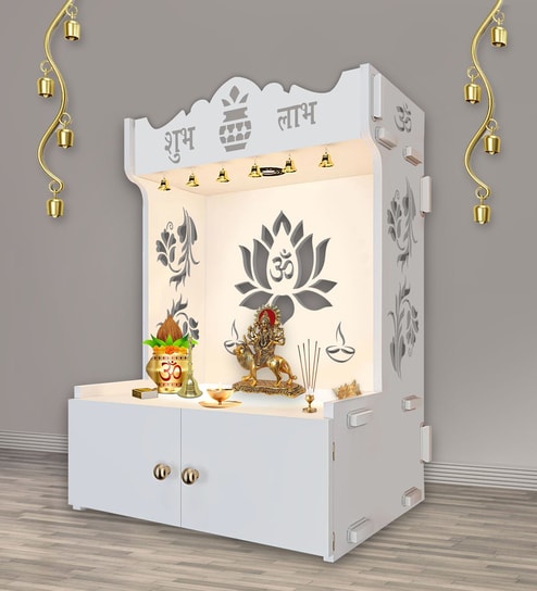 White Finish Beautiful Lotus Pattern Floor Temple with Spacious Wooden Shelf & Inbuilt Focus Light-