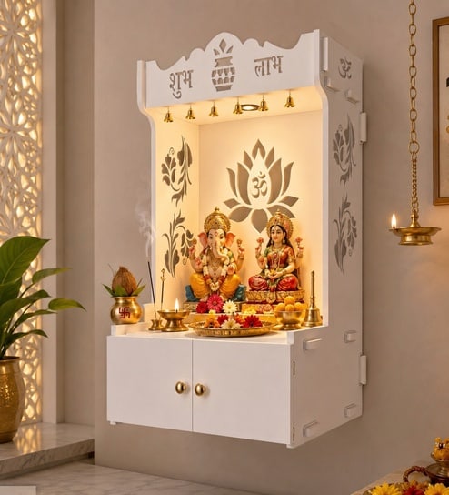 Beautiful Lotus Pattern White Wooden Wall Temple for Home With Inbuilt focus Lights & Spacious Shelf