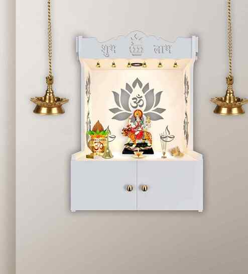 Beautiful Lotus Pattern White Wooden Wall Temple for Home With Inbuilt focus Lights & Spacious Shelf