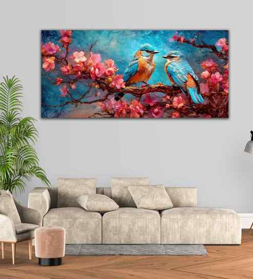 Beautiful Love Birds On A Branch With Pink Flowers Canvas Wall Painting