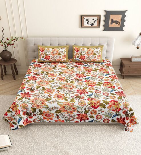 Orange Floral 144 TC Cotton King Size  King Size Bedsheet With 2 Pillow Cover
