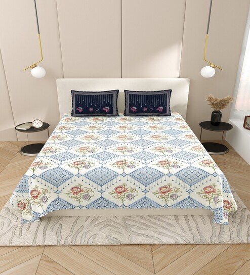 Blue Floral 144 TC Cotton King Size  Bedsheet With 2 Pillow Cover