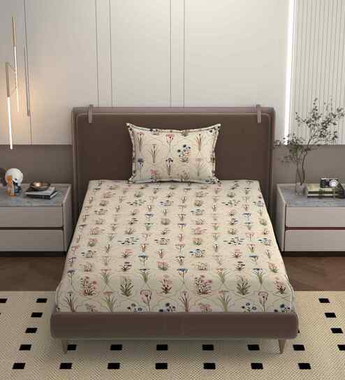 Cream 250 Tc Cotton Bedsheet With 1 Pillow Covers