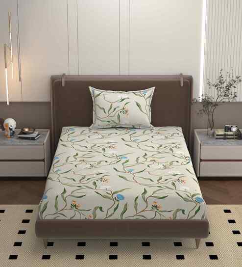 Beige 250 Tc Cotton Bedsheet With 1 Pillow Covers