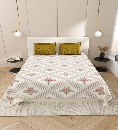 White Floral 144 TC Cotton King Size  Bedsheet With 2 Pillow Cover