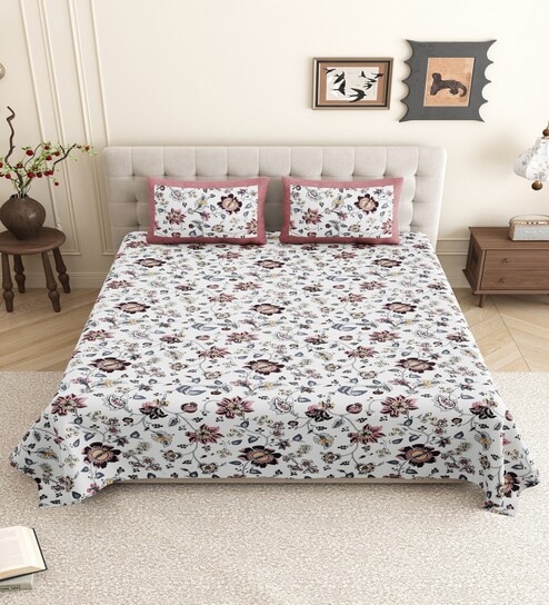 White Floral 144 TC Cotton King Size  King Size Bedsheet With 2 Pillow Cover