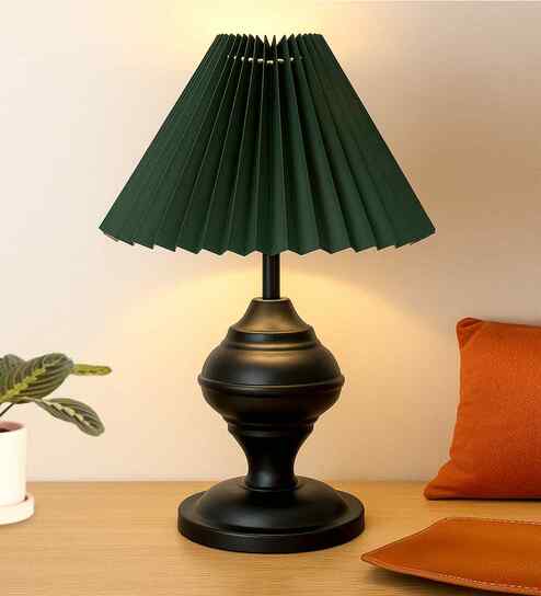 Green Bedside Black Table Lamp with Fabric Shade