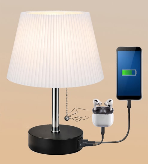 Bedside Lamp for Bedroom Nightstand Table Light with USB A | C Charging Port-Chain Pull Control