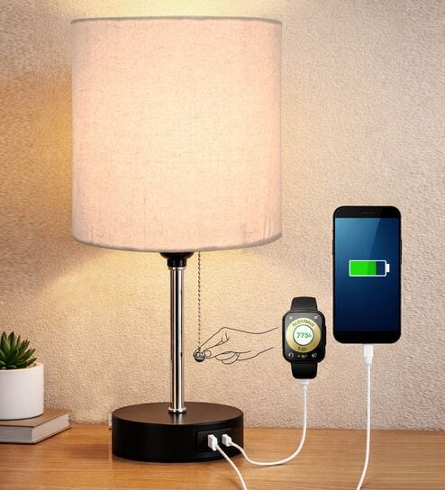 Bedside Lamp for Bedroom Nightstand Table Light with USB A | C Charging Port-Chain Pull Control