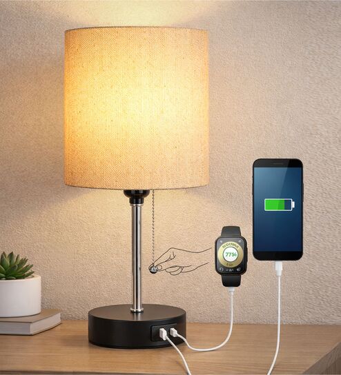 Bedside Lamp for Bedroom Nightstand Table Light with USB A | C Charging Port-Chain Pull Control