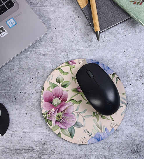 Beige & Blue Floral Printed Round Mousepad