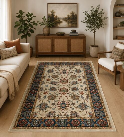 Beige & Blue Traditional PP Heatset 5 x 7 Feet  Machine -Made Carpet
