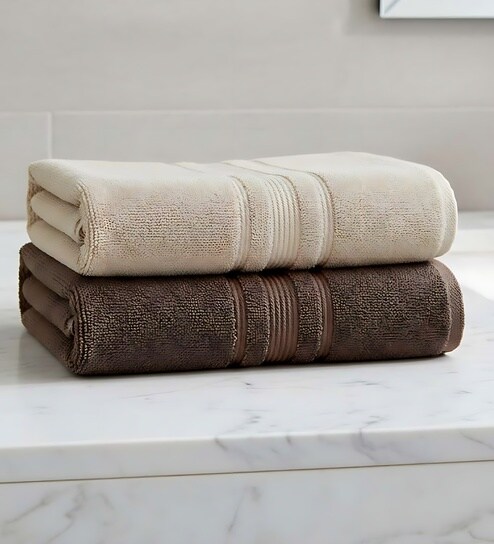 Beige & Brown Soft Cotton 500 GSM Solid Bath Towel Pack Of 2