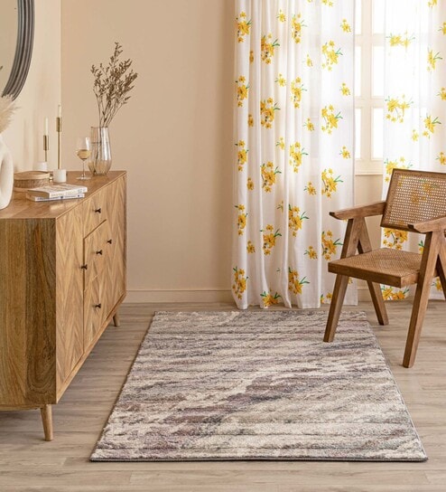 Beige & Brown Abstract Wool 6 x 9 Feet Machine Made Carpet