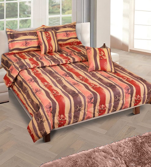 Beige & Brown Floral 210 TC Cotton 6 Pieces Bedding Set Collection