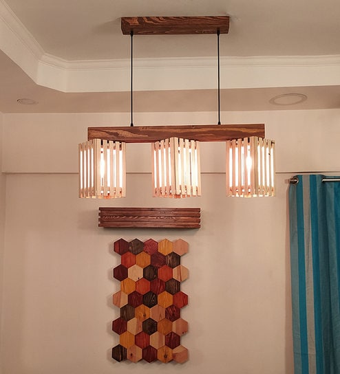 Elegant 3 Lights Beige & Brown Solid Wood Linear Chandelier Cluster Hanging Light