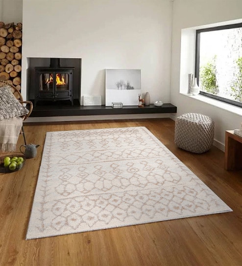 Beige & Cream Abstract Polyester 3 x 5 Feet Machine Made Carpet