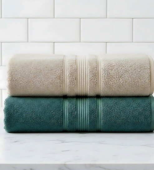 Beige & Dark Green Soft Cotton 500 GSM Solid Bath Towel Pack Of 2