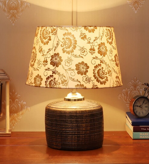 Diagon Beige and Gold Fabric Shade Night Lamp With Teracotta Base By Foziq