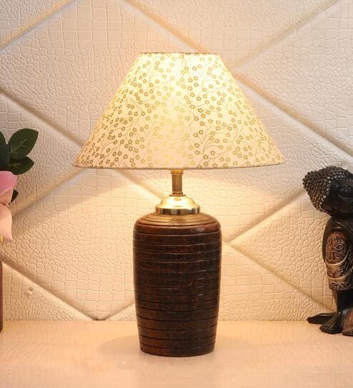 Beige & Gold Shade Table Lamp With Braon Terracotta Base by Foziq