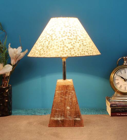 Beige & Gold Shade Table Lamp With Brown Woodden Base
