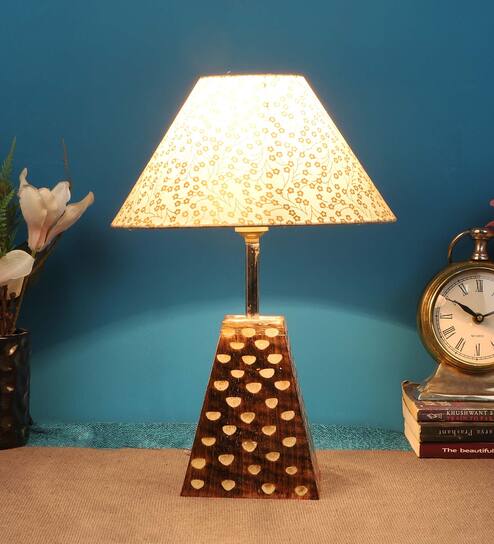 Beige & Gold Shade Table Lamp With Brown Woodden Base