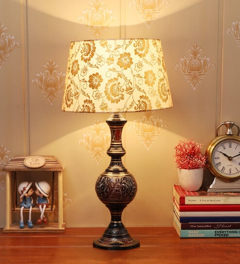 Beige & Gold Shade Table Lamp With Golden Black Brass Base by Foziq