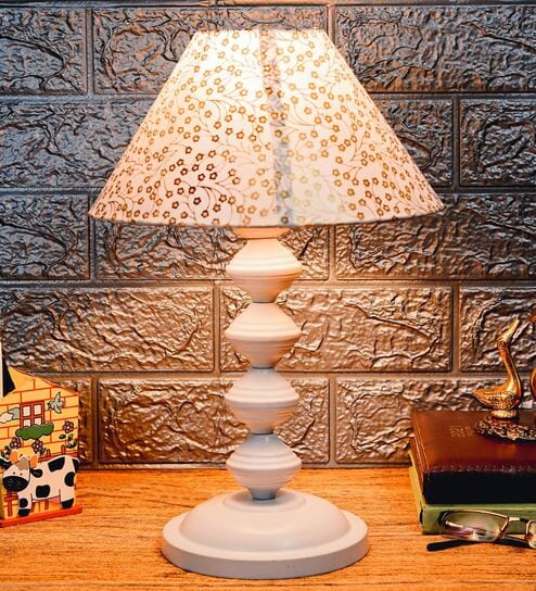 Beige & Gold Shade Table Lamp With Metal Base By Foziq