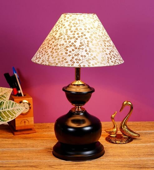 Beige & Gold Shade Table Lamp With Metal Base By Foziq