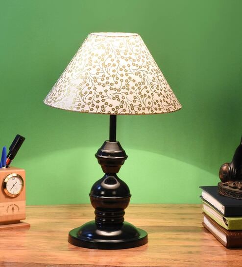 Beige & Gold Shade Table Lamp With Metal Base By Foziq
