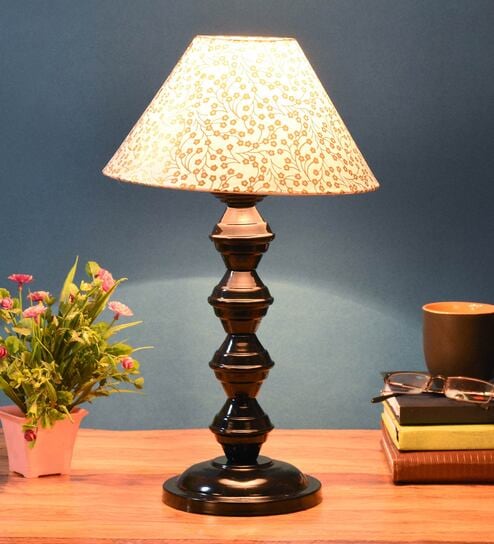 Beige & Gold Shade Table Lamp With Metal Base By Foziq