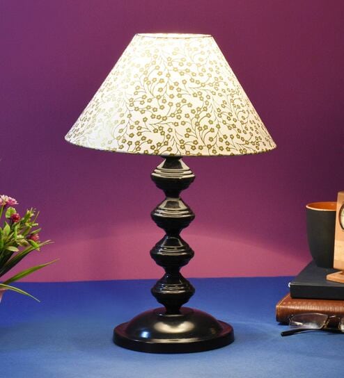 Beige & Gold Shade Table Lamp With Metal Base By Foziq