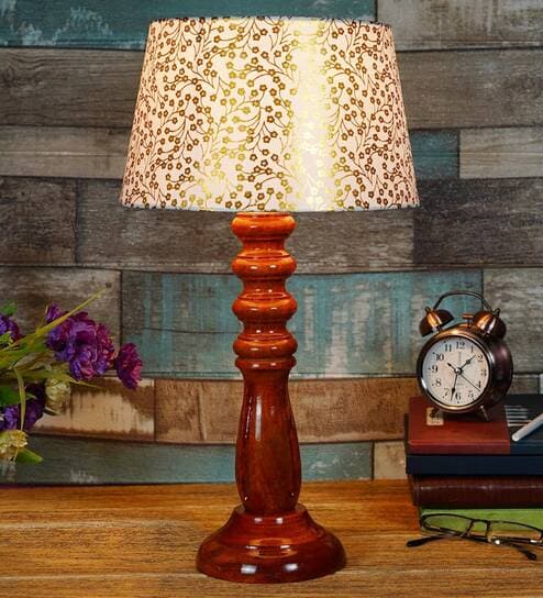 Confined Beige and Gold Fabric Shade Night Lamp With Wood Base By BrightDaisy