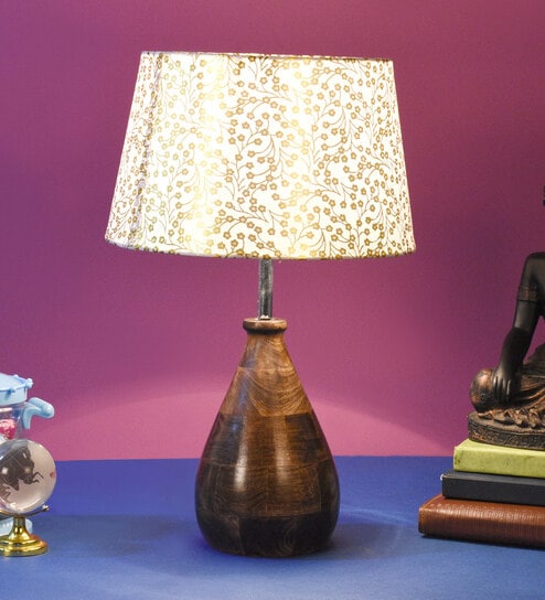 Marigot Beige and Gold Fabric Shade Night Lamp With Wood Base By BrightDaisy
