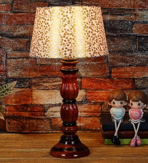 Lavery Beige and Gold Fabric Shade Night Lamp With Wood Base By BrightDaisy