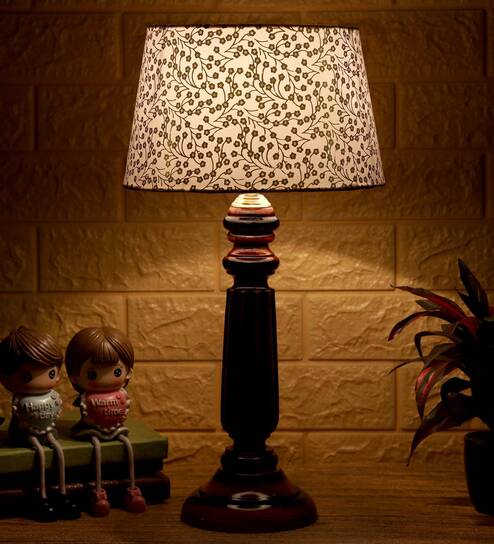 Intricately Beige and Gold Fabric Shade Night Lamp With Wood Base By BrightDaisy