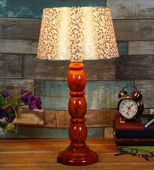 Mace Beige and Gold Fabric Shade Night Lamp With Wood Base By BrightDaisy