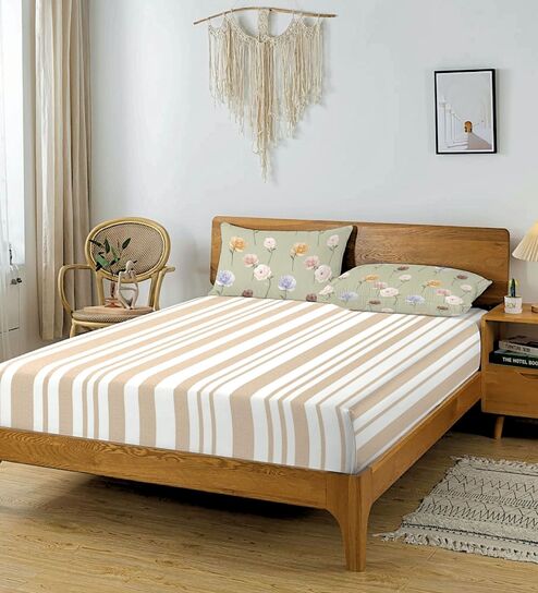 Beige & Green Glace Cotton Striped Elastic Fitted King Bedsheet With 2 Pillow Covers
